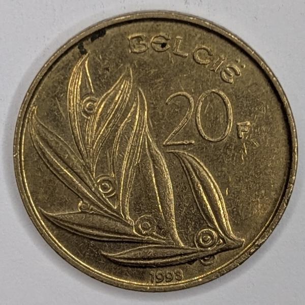 20 Franc 1993,Legende in niederländisch-"Belgie", König Baudouin I, Belgien