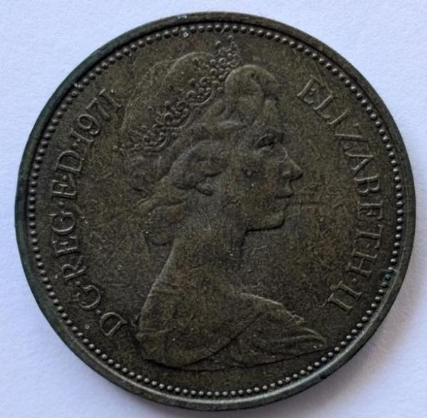 2 New Pence 1971, Königin Elizabeth II., England