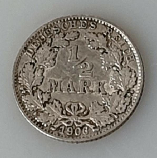 1/2 Mark 1906 D, Deutsches Reich, 900er Silbermünze