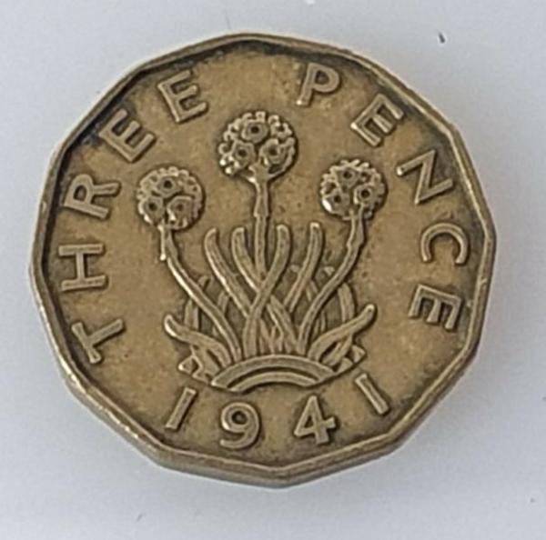 3 Pence -Three Pence- 1941, König Georg VI, Großbritannien