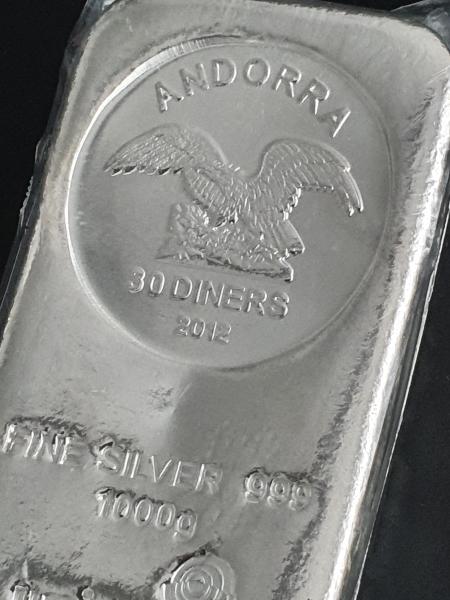 1000 Gramm Silbermünzbarren Andorra 30 Diners, Made by UMICORE, 999 Feinsilber