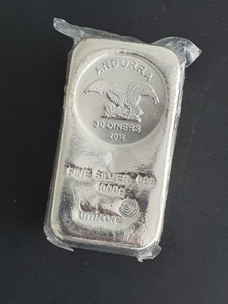 1000 Gramm Silbermünzbarren Andorra 30 Diners, Made by UMICORE, 999 Feinsilber