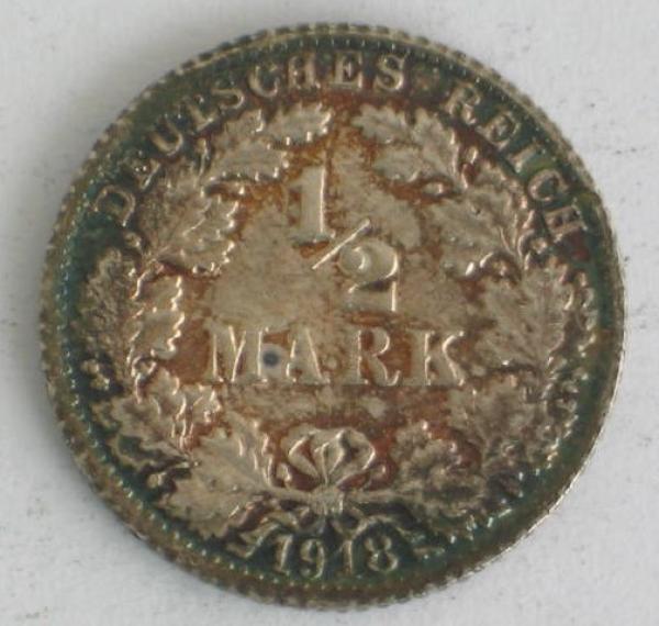 1/2 Mark 1918 F Deutsches Reich, 900er Silbermünze