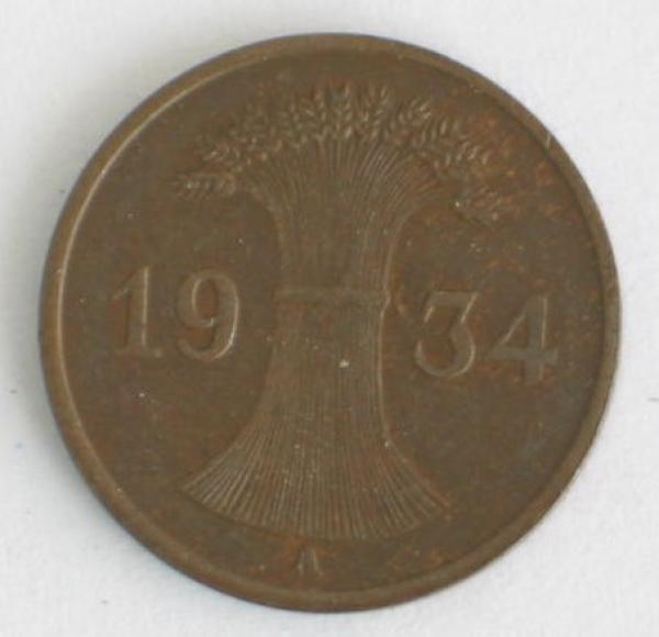 1 Reichspfennig 1934 A aus Bronze Weimarer Republik