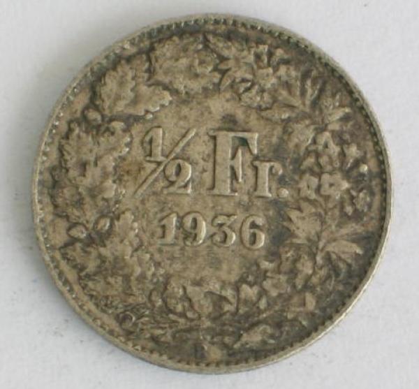 1/2 Franken Helvetia Wappenschild 1936 Schweiz Silbermünze