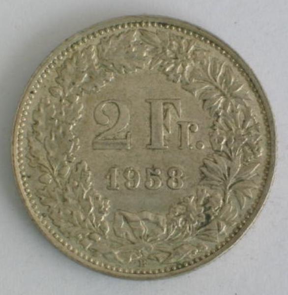 2 Franken Helvetia Wappenschild 1958 Schweiz Silbermünze