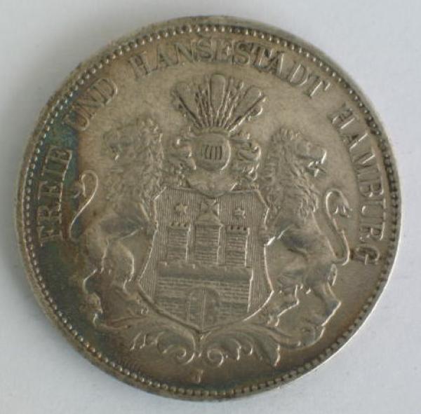 5 Mark 1907 J "Freie und Hansestadt Hamburg", 900er Silbermünze