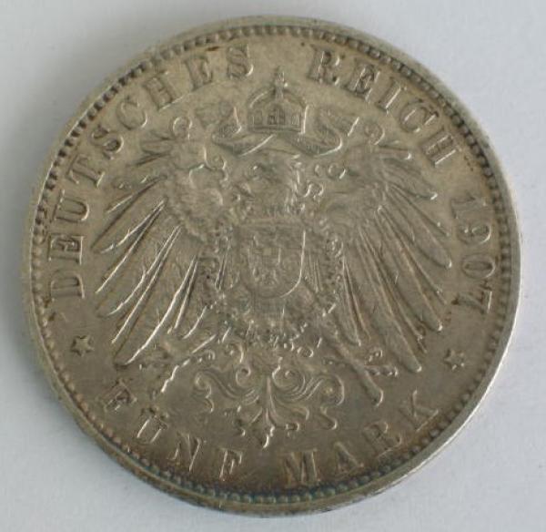 5 Mark 1907 J "Freie und Hansestadt Hamburg", 900er Silbermünze