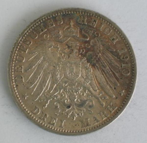 3 Mark Kaiserreich "Friedrich II Großherzog von Baden" 1910 G aus 900er Silber