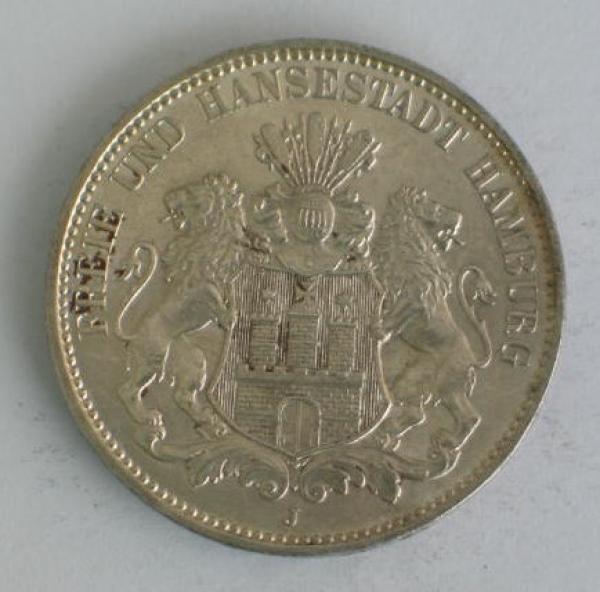 3 Mark Kaiserreich "Hansestadt Hamburg" 1914 J aus 900er Silber