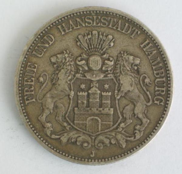 5 Mark 1875 J "Freie und Hansestadt Hamburg", 900er Silbermünze