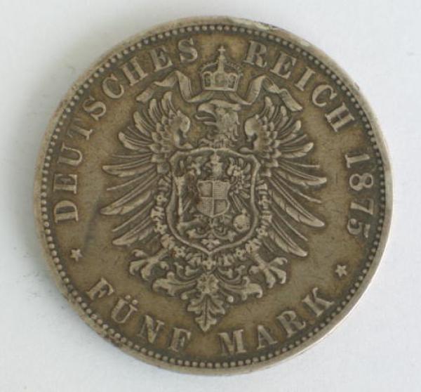 5 Mark 1875 J "Freie und Hansestadt Hamburg", 900er Silbermünze