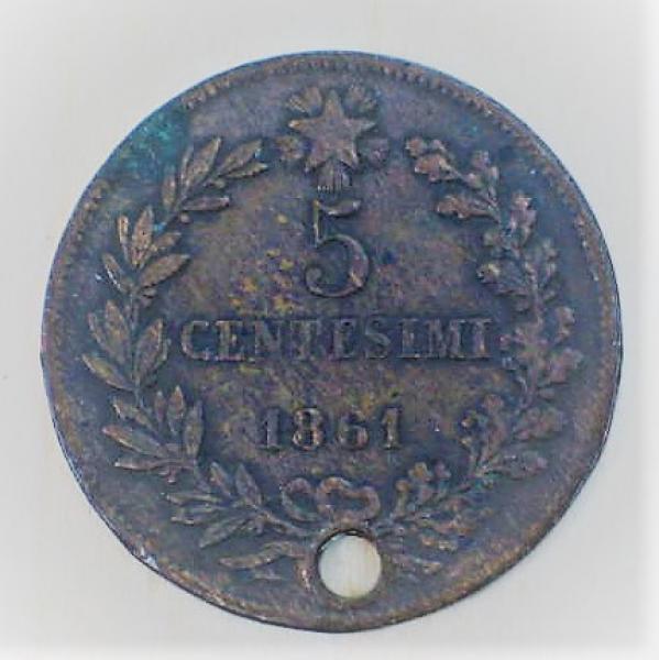 5 Centesimi König Vittorio Emanuele II. 1861 Kupfermünze mit Loch als Anhänger