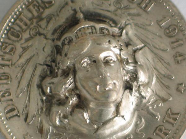 Münzanhänger: Relief 3D "Drei Mark Wilhlem II" 1914 A, Silbermünze 900er