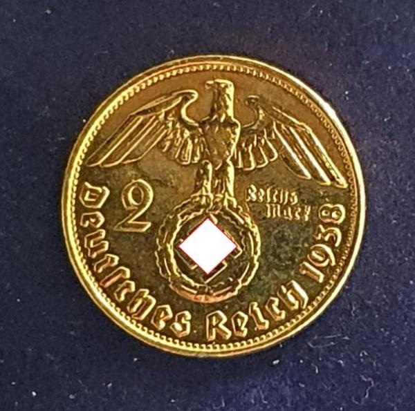 2 Reichsmark "Hindenburg" III Reich 1938 B aus 625er Silber (vergoldet)