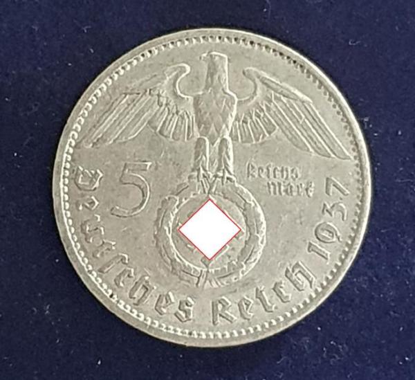 5 Reichsmark Drittes Reich "Hindenburg" mit HK, 1937 A aus 900er Silber