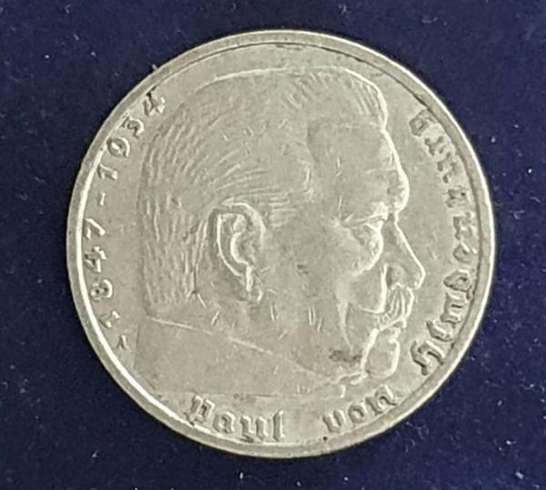5 Reichsmark Drittes Reich "Hindenburg" mit HK, 1937 A aus 900er Silber