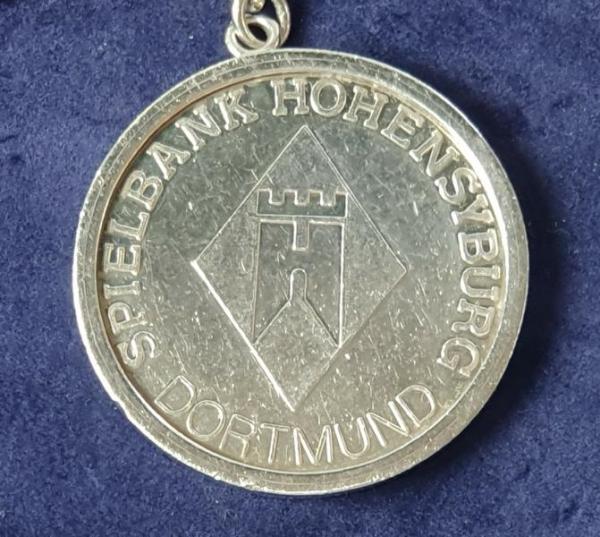 Schlüsselanhänger Silbermedaille Jeton 50 Spielbank Dortmund Hohensyburg, Silber 999, Gewicht: 39,4g