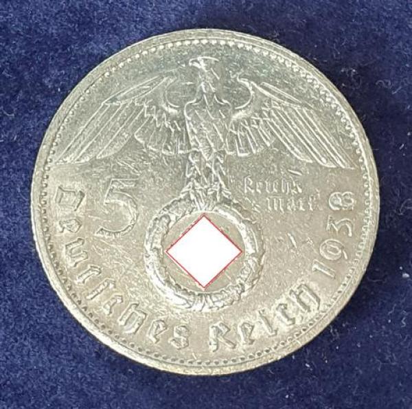 5 Reichsmark Drittes Reich "Hindenburg" 1938 E aus 900er Silber KM94