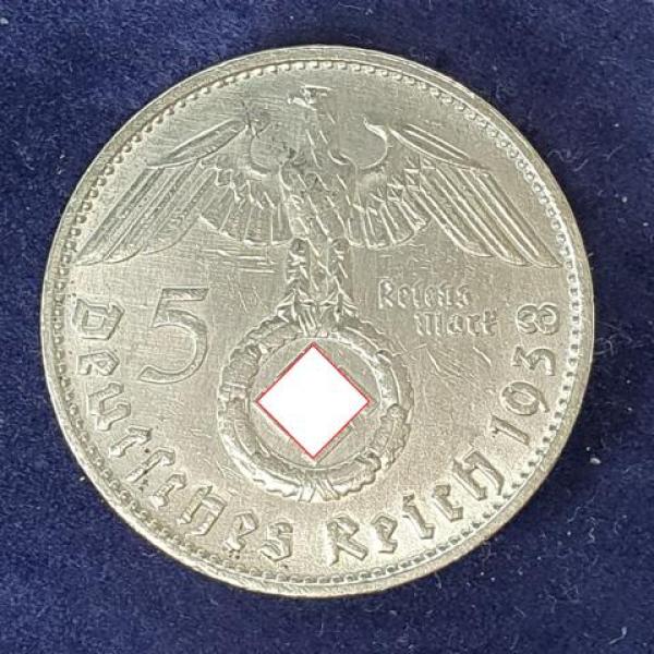 5 Reichsmark Drittes Reich "Hindenburg" 1938 D aus 900er Silber KM94