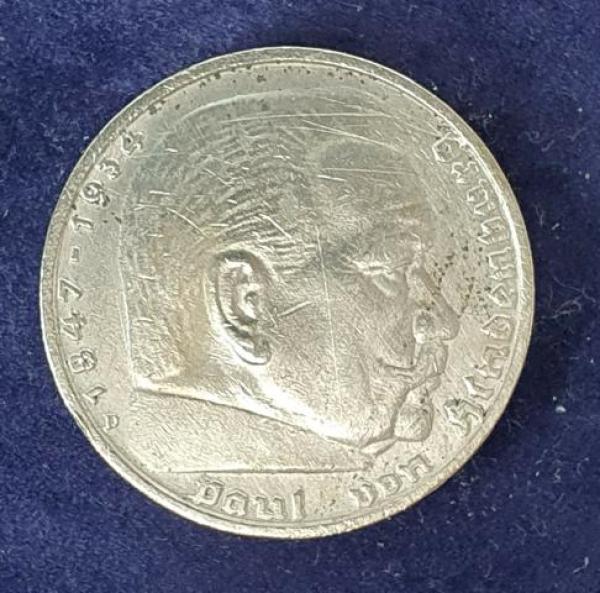 5 Reichsmark Drittes Reich "Hindenburg" 1938 D aus 900er Silber KM94