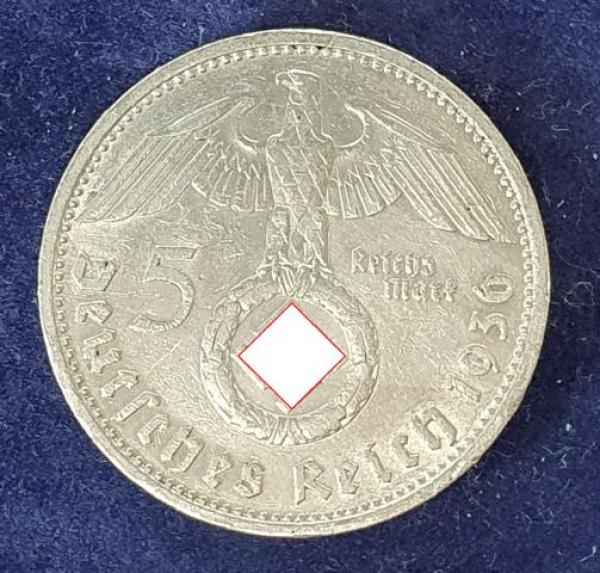 5 Reichsmark Drittes Reich "Hindenburg" 1936 D aus 900er Silber KM94