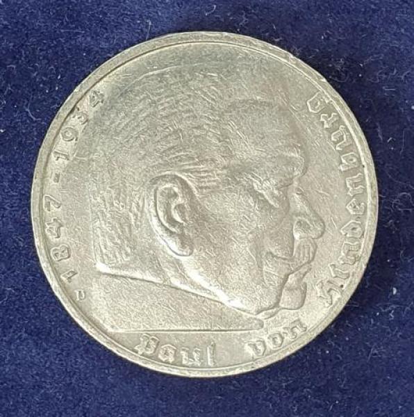 5 Reichsmark Drittes Reich "Hindenburg" 1936 D aus 900er Silber KM94
