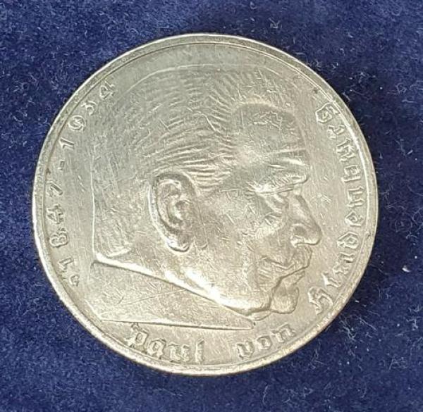 5 Reichsmark Drittes Reich "Hindenburg" 1936 G aus 900er Silber KM94