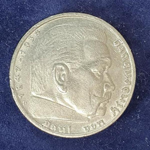 5 Reichsmark Drittes Reich "Hindenburg" 1937 D aus 900er Silber KM94
