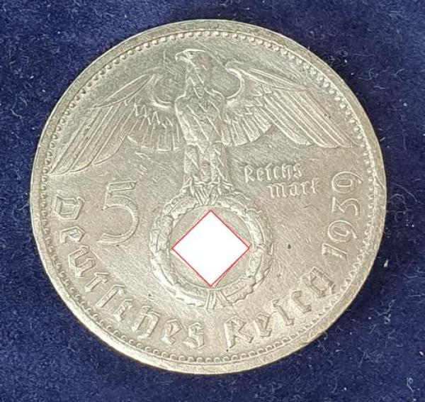 5 Reichsmark Drittes Reich "Hindenburg" 1939 D aus 900er Silber KM94