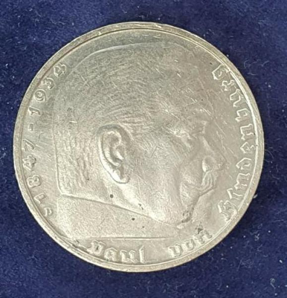 5 Reichsmark Drittes Reich "Hindenburg" 1939 D aus 900er Silber KM94