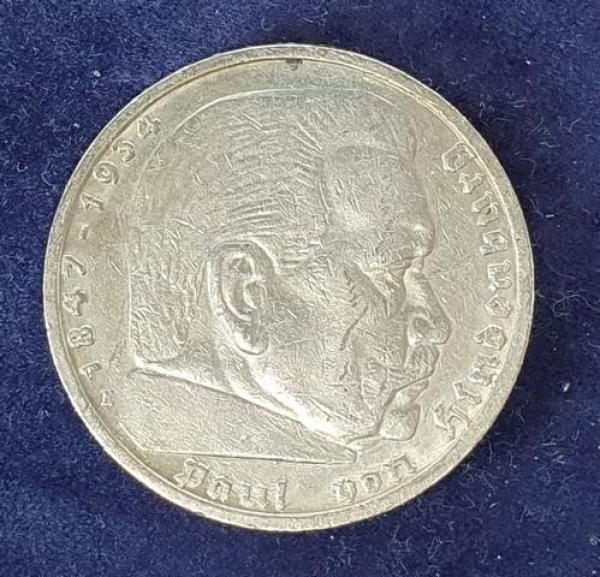 5 Reichsmark Drittes Reich "Hindenburg" 1936 aus 900er Silber