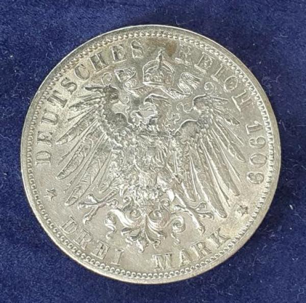 3 Mark Wilhelm II, König von Würtemberg" 1909 F aus 900er Silber
