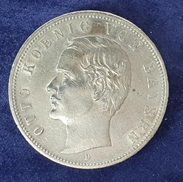 5 Mark Otto, König von Bayern 1908 D, 900er Silbermünze