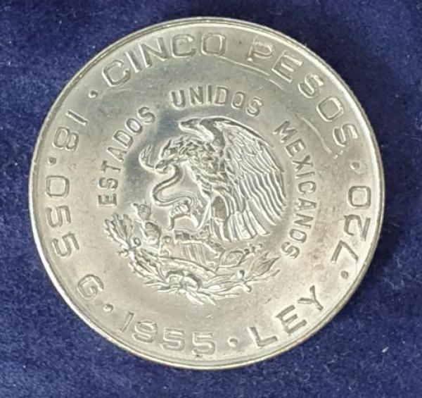 Cinco Pesos Mexiko 1955, 5 Pesos Hidalgo, Silber 720
