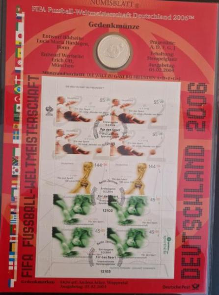Numisblatt mit Gedenkmünze 10 EUR Fussball WM 2006 Deutschland 925er Silber