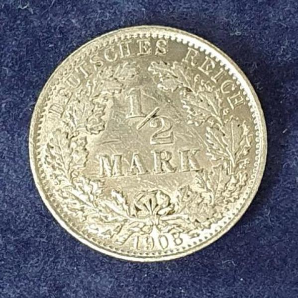 1/2 Mark - Wilhelm II Typ 2 - kleiner Schild, 1908 A Deutschland, 900er Silbermünze