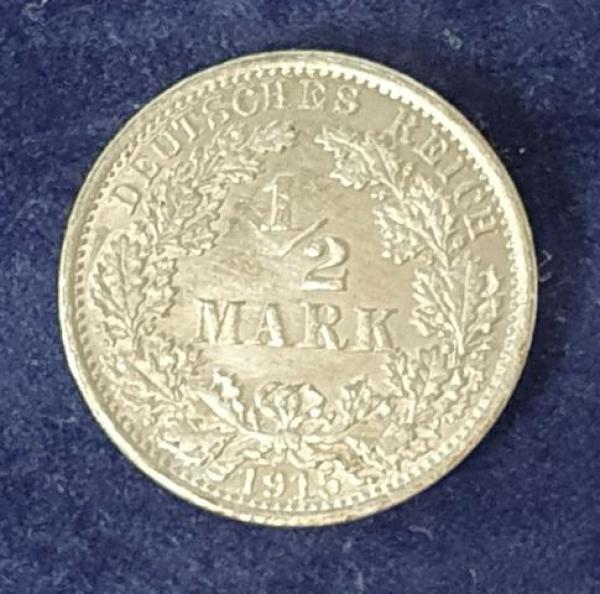 1/2 Mark - Wilhelm II Typ 2 - kleiner Schild, 1915 A Deutschland, 900er Silbermünze