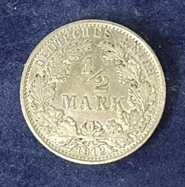 1/2 Mark - Wilhelm II Typ 2 - kleiner Schild, 1912 A Deutschland, 900er Silbermünze