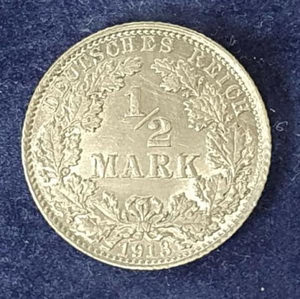 1/2 Mark - Wilhelm II Typ 2 - kleiner Schild, 1913 D Deutschland, 900er Silbermünze
