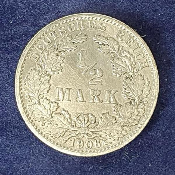 1/2 Mark - Wilhelm II Typ 2 - kleiner Schild, 1906 G Deutschland, 900er Silbermünze