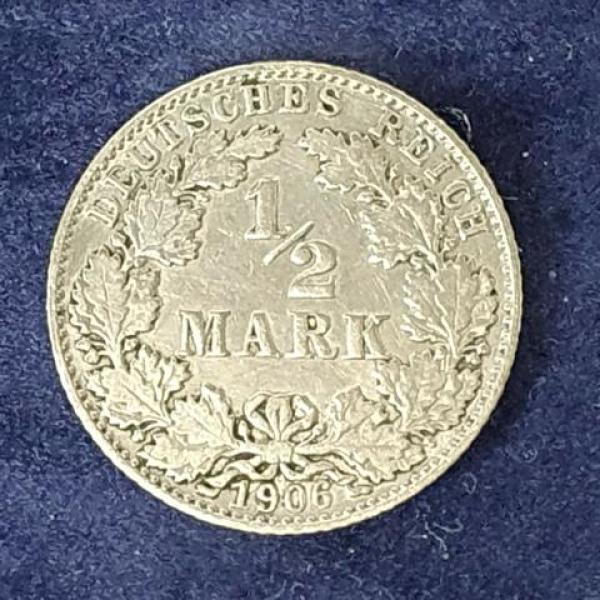1/2 Mark - Wilhelm II Typ 2 - kleiner Schild, 1906 D Deutschland, 900er Silbermünze