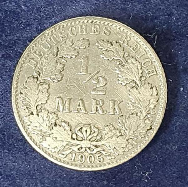 1/2 Mark - Wilhelm II Typ 2 - kleiner Schild, 1905 D Deutschland, 900er Silbermünze