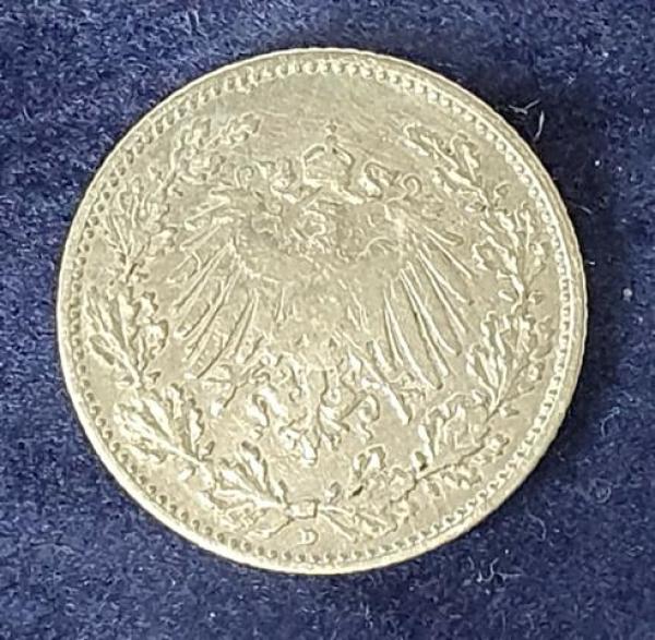 1/2 Mark - Wilhelm II Typ 2 - kleiner Schild, 1905 D Deutschland, 900er Silbermünze