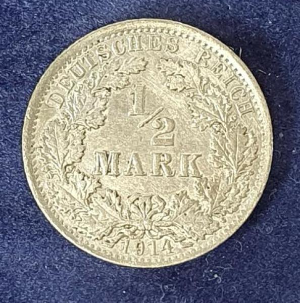 1/2 Mark - Wilhelm II Typ 2 - kleiner Schild, 1914 A Deutschland, 900er Silbermünze