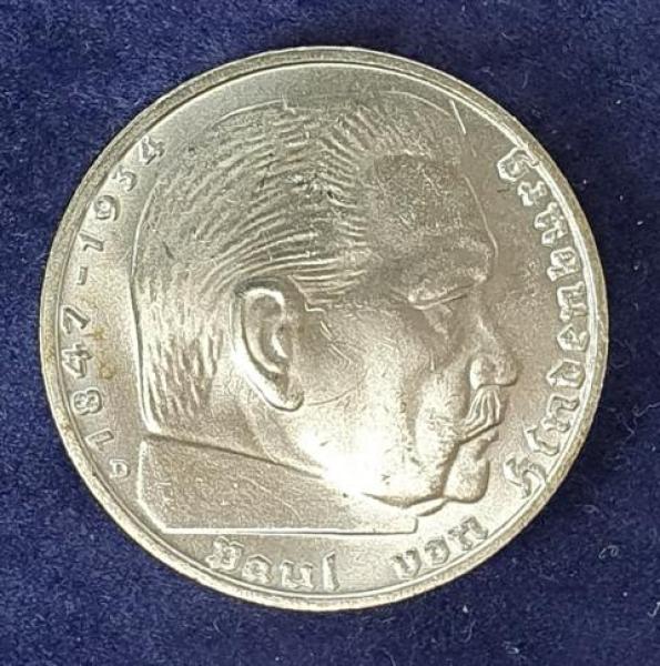 2 Reichsmark Hindenburg 1939 D, Deutsches Reich, 625er Silbermünze