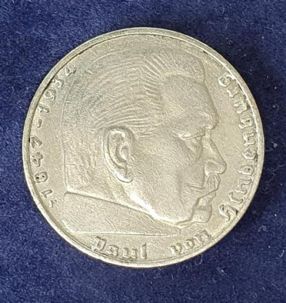 2 Reichsmark Hindenburg 1938 J, Deutsches Reich, 625er Silbermünze