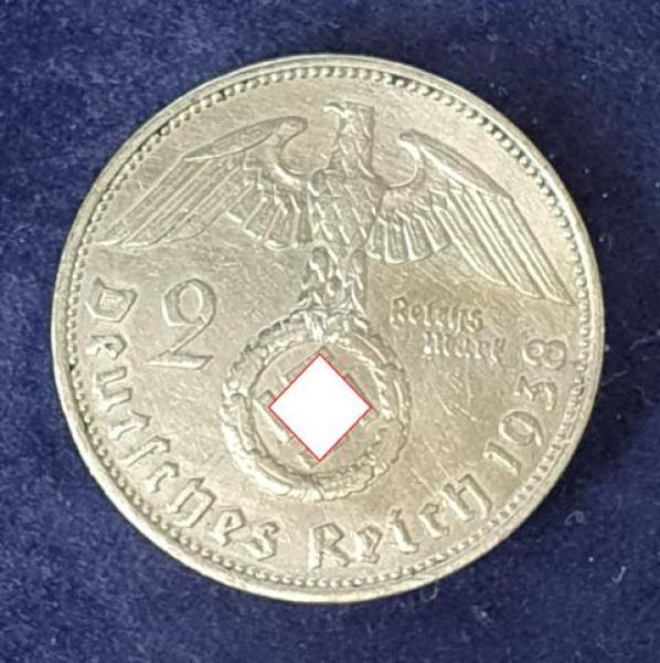 2 Reichsmark Hindenburg 1938 J, Deutsches Reich, 625er Silbermünze