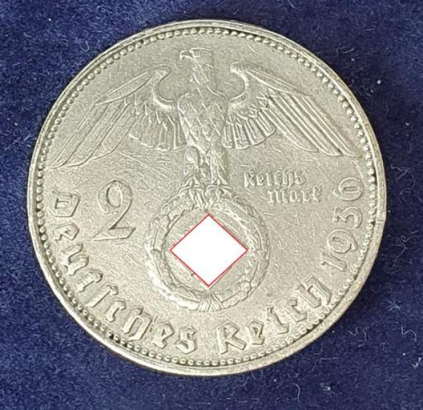 2 Reichsmark Hindenburg 1936 D, Deutsches Reich, 625er Silbermünze