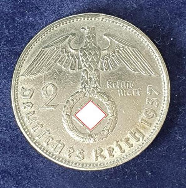 2 Reichsmark Hindenburg 1937 D, Deutsches Reich, 625er Silbermünze